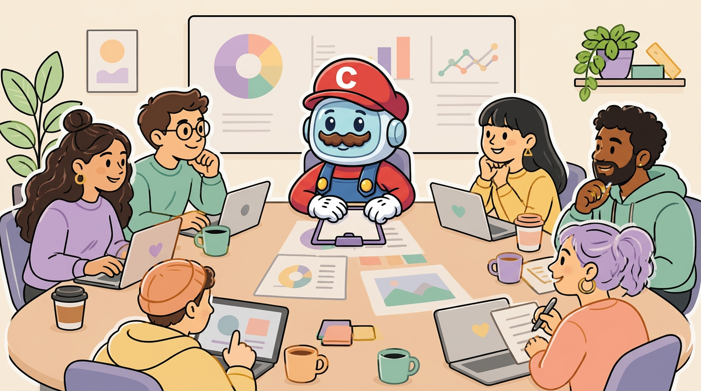 Chief, a cartoon AI chief marketing officer, presenting at a conference table surrounded by a human marketing team